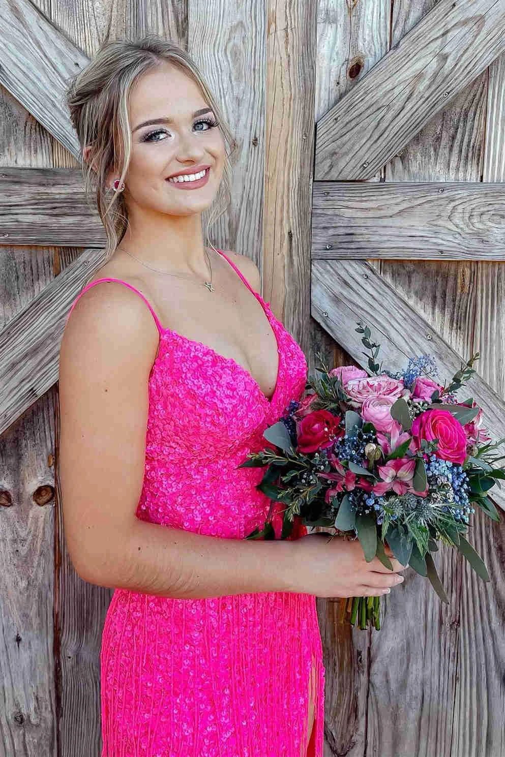Glitter Red V-Neck Long Prom Dress with Tassel by KissProm