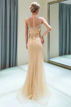 Glitter Sleeveless Beading Golden Evening Dress Crew Neck Mermaid Party Gown by misshow.com