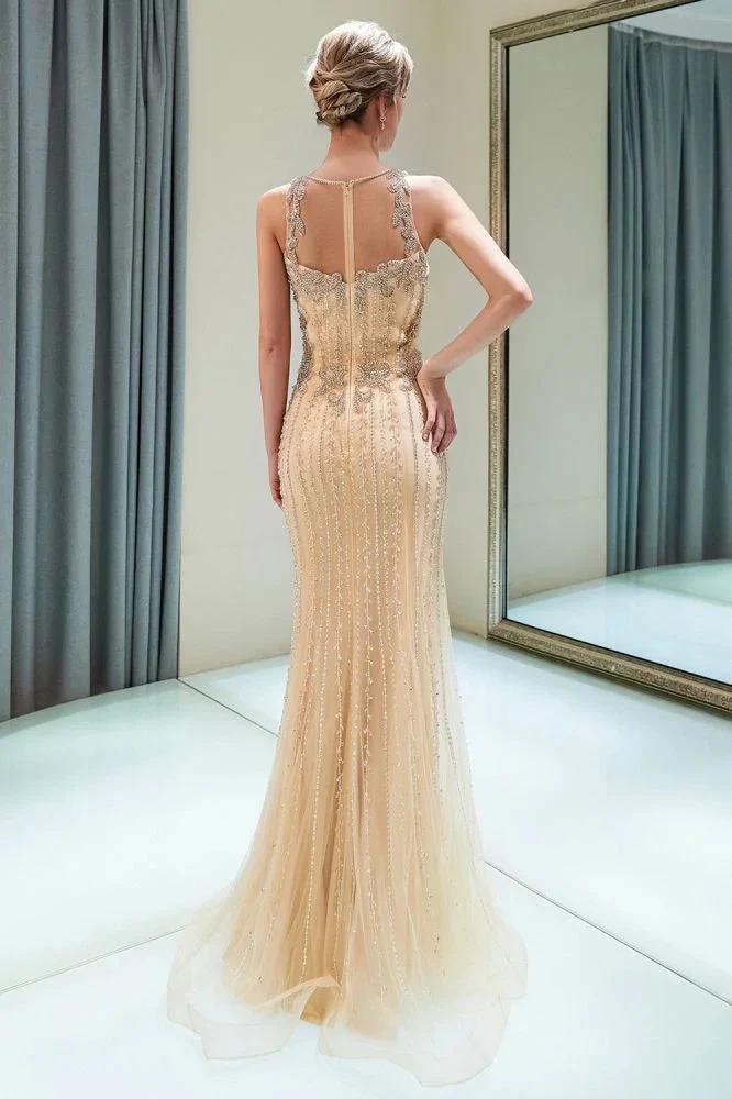 Glitter Sleeveless Beading Golden Evening Dress Crew Neck Mermaid Party Gown by misshow.com