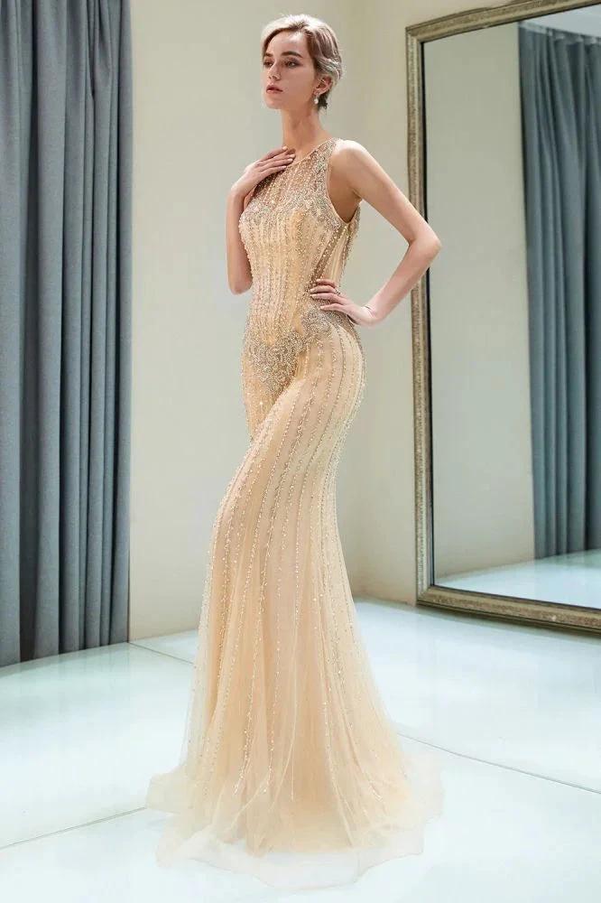 Glitter Sleeveless Beading Golden Evening Dress Crew Neck Mermaid Party Gown by misshow.com