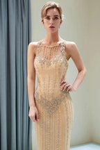Glitter Sleeveless Beading Golden Evening Dress Crew Neck Mermaid Party Gown by misshow.com