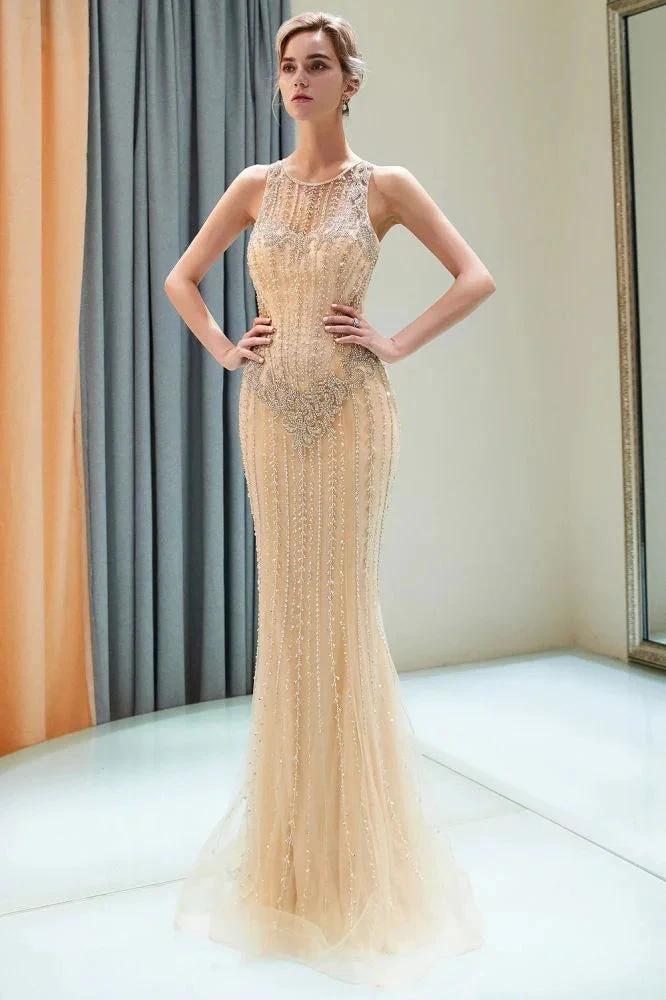 Glitter Sleeveless Beading Golden Evening Dress Crew Neck Mermaid Party Gown by misshow.com