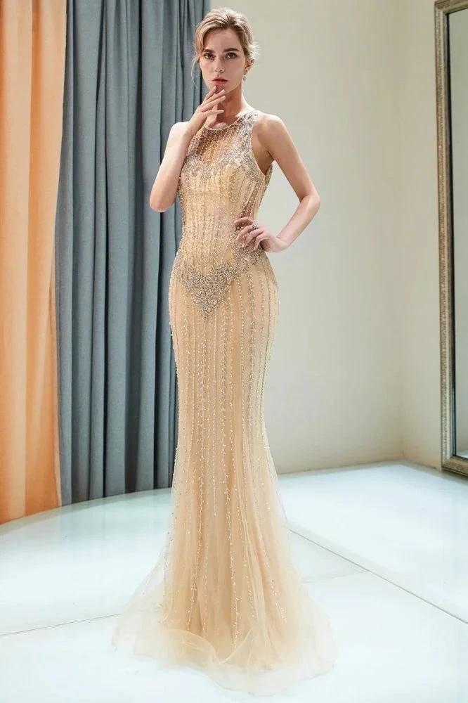 Glitter Sleeveless Beading Golden Evening Dress Crew Neck Mermaid Party Gown by misshow.com