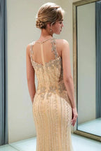 Glitter Sleeveless Beading Golden Evening Dress Crew Neck Mermaid Party Gown by misshow.com