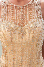 Glitter Sleeveless Beading Golden Evening Dress Crew Neck Mermaid Party Gown by misshow.com