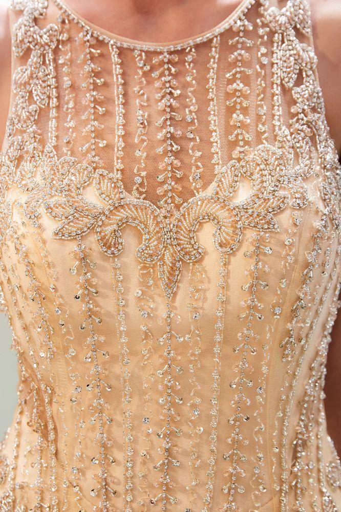 Glitter Sleeveless Beading Golden Evening Dress Crew Neck Mermaid Party Gown by misshow.com