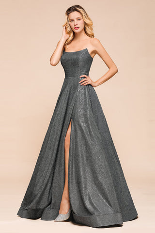 Vestido de fiesta largo con abertura y espalda descubierta sin tirantes y con purpurina