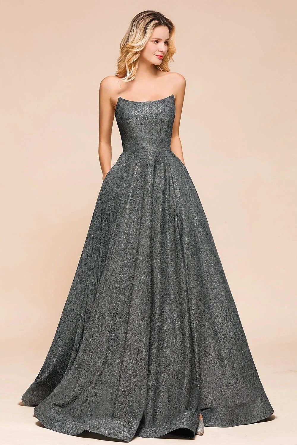 Glitter Strapless Backless Split Long Prom Dress by BIZTUNNEL
