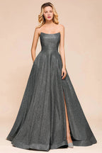 Glitter Strapless Backless Split Long Prom Dress by BIZTUNNEL