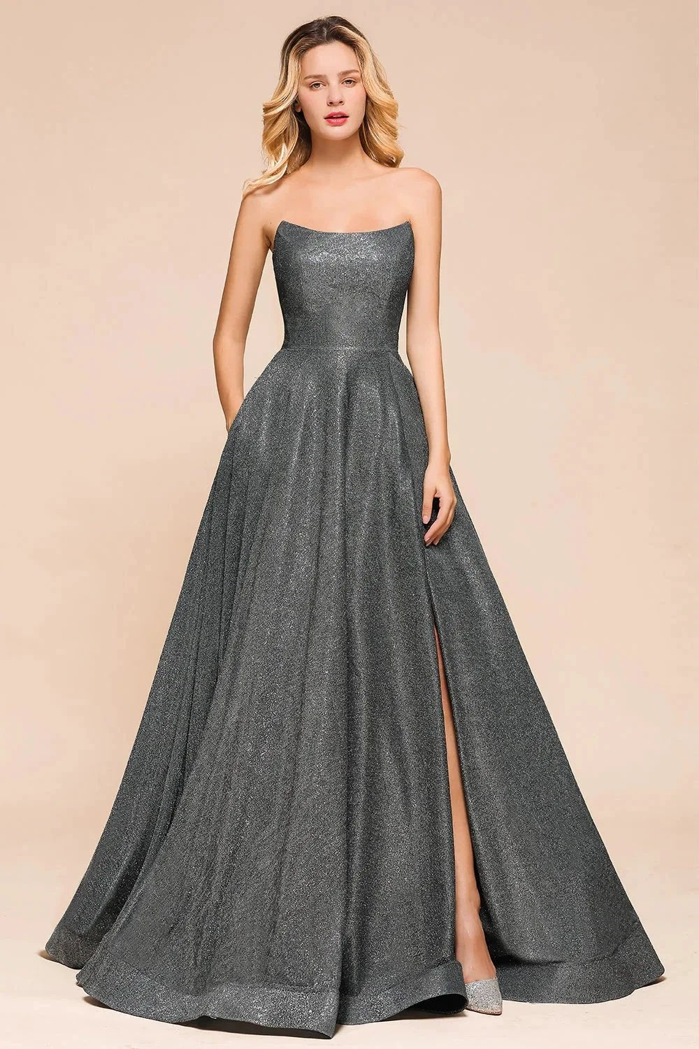 Glitter Strapless Backless Split Long Prom Dress by BIZTUNNEL