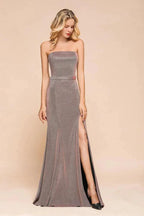 Glitter Strapless Floor Length Prom Dress Sleeveless Split Slit Evening Gown by misshow.com