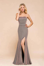 Glitter Strapless Floor Length Prom Dress Sleeveless Split Slit Evening Gown by misshow.com