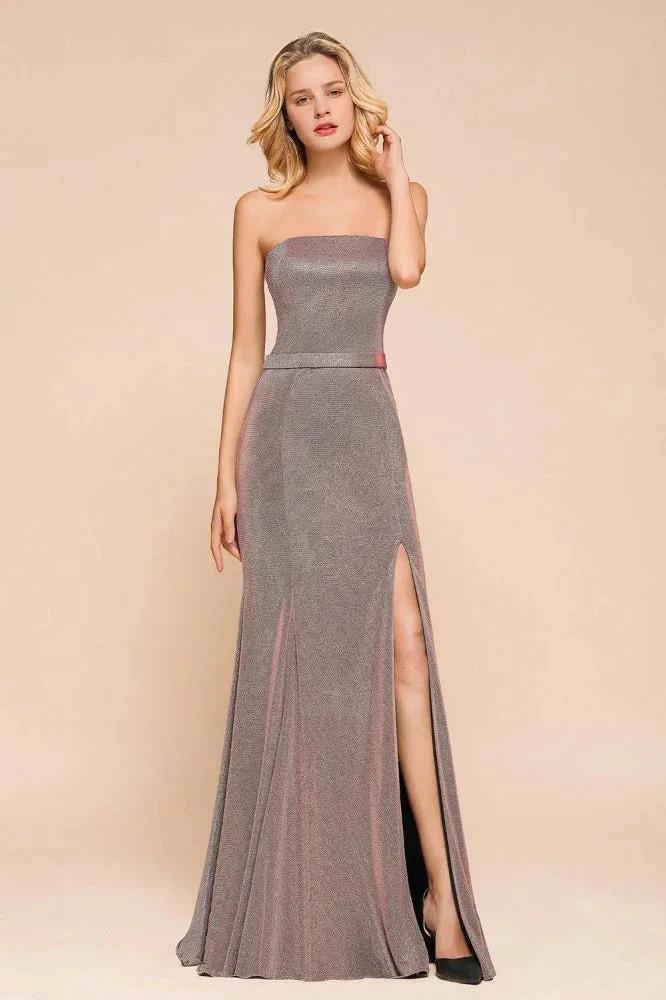 Glitter Strapless Floor Length Prom Dress Sleeveless Split Slit Evening Gown by misshow.com