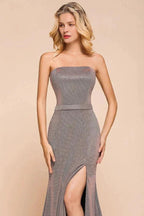 Glitter Strapless Floor Length Prom Dress Sleeveless Split Slit Evening Gown by misshow.com