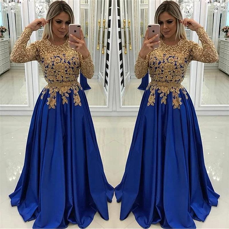 Gold Beads Lace Appliques Evening Dress with Sleeves by misshow.com