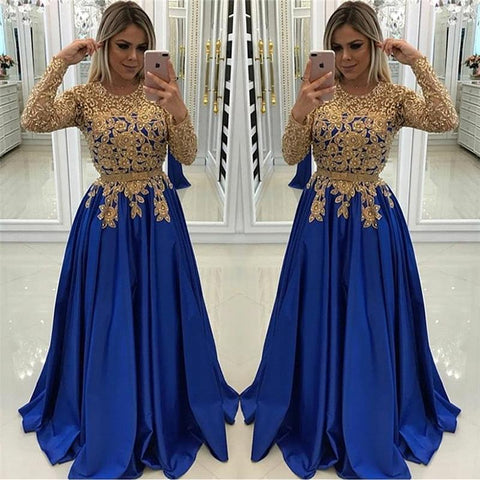 Gold Beads Lace Appliques Evening Dress with Sleeves
