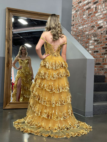 Prinzessin A-Linie Off-Shoulder Korsett Ballkleid mit Spitzenrüschen