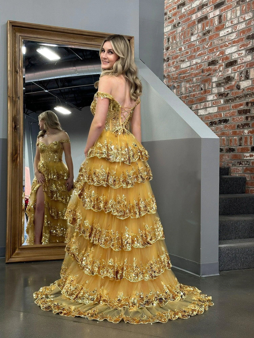 Princess A Line Off the Shoulder Corset Prom Dress with Lace Ruffles by KissProm