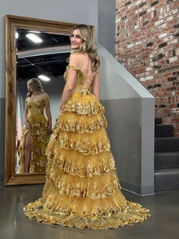 Prinzessin A-Linie Off-Shoulder Korsett Ballkleid mit Spitzenrüschen