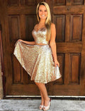 Gold Short A-Line Sequined V-Neck Two Piece Prom Dress by BIZTUNNEL