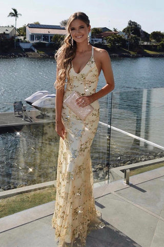 Kara | Langes goldenes Meerjungfrauen-Ballkleid mit Schnürung und Pailletten