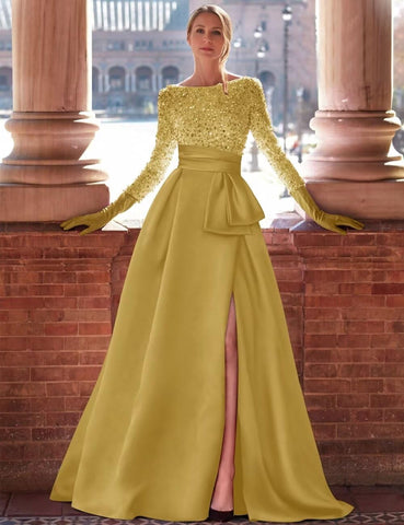Vestidos formales dorados, vestido dorado, vestido de noche con abertura alta