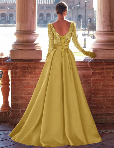Vestidos formales dorados, vestido dorado, vestido de noche con abertura alta
