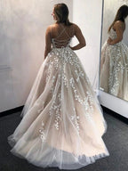 Gorgeous A-line Backless Tulle Open Back Long Prom Dresses with Lace Appliques by BIZTUNNEL