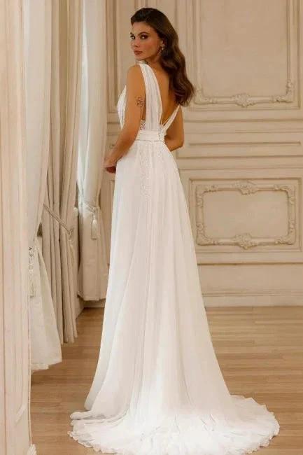 Gorgeous A-Line Chiffon Lace V-Neck Sleeveless White Wedding Dresses With Openback by misshow.com