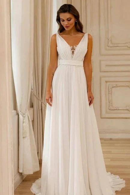 Gorgeous A-Line Chiffon Lace V-Neck Sleeveless White Wedding Dresses With Openback by misshow.com