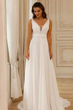 Gorgeous A-Line Chiffon Lace V-Neck Sleeveless White Wedding Dresses With Openback by misshow.com