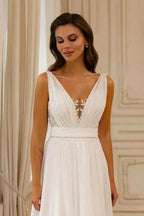 Gorgeous A-Line Chiffon Lace V-Neck Sleeveless White Wedding Dresses With Openback by misshow.com