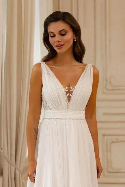 Gorgeous A-Line Chiffon Lace V-Neck Sleeveless White Wedding Dresses With Openback by misshow.com