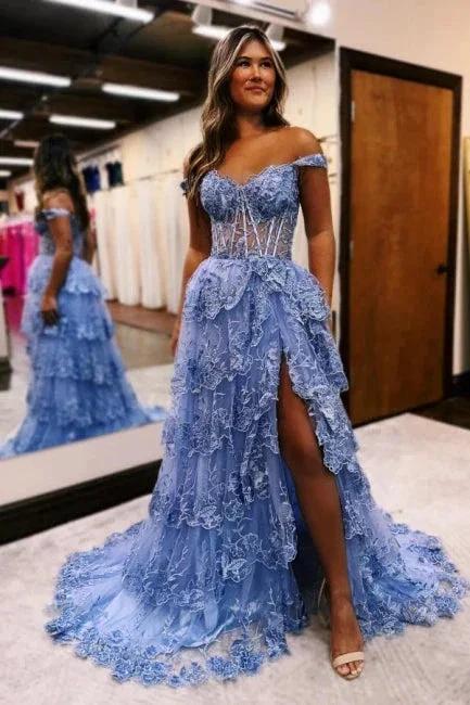 Gorgeous A-Line Lace Off-The-Shoulder Sleeveless Prom Dresses With Split by misshow.com