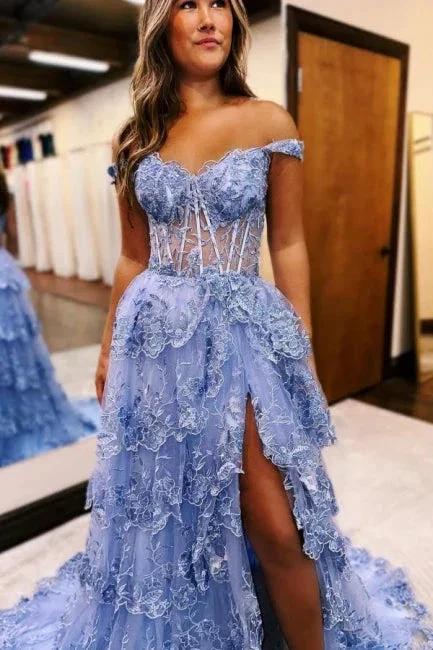Gorgeous A-Line Lace Off-The-Shoulder Sleeveless Prom Dresses With Split by misshow.com