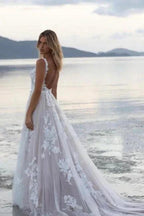 Gorgeous A-Line Lace Scoop Sleeveless White Wedding Dresses With Appliques Train by misshow.com