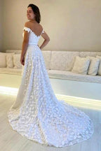 Gorgeous A-Line Lace Sweetheart Sleeveless White Wedding Dresses With Appliques Openback by misshow.com