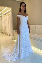 Gorgeous A-Line Lace Sweetheart Sleeveless White Wedding Dresses With Appliques Openback by misshow.com