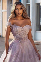 Gorgeous A-line Off-the-shoulder Tulle Prom Dress With Beads by misshow.com