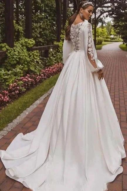 Gorgeous A-Line Satin Long Sleeve White Wedding Dress With Appliques by misshow.com