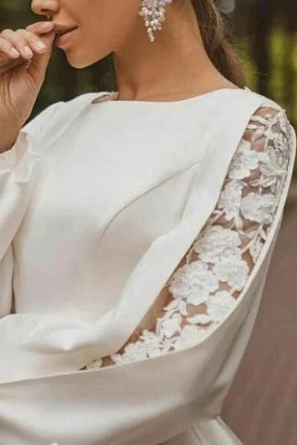 Gorgeous A-Line Satin Long Sleeve White Wedding Dress With Appliques by misshow.com