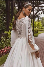 Gorgeous A-Line Satin Long Sleeve White Wedding Dress With Appliques by misshow.com
