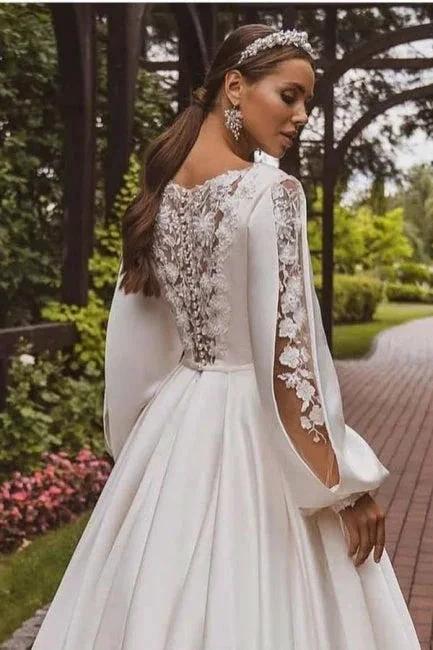 Gorgeous A-Line Satin Long Sleeve White Wedding Dress With Appliques by misshow.com