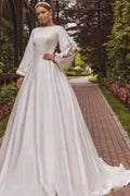 Gorgeous A-Line Satin Long Sleeve White Wedding Dress With Appliques by misshow.com