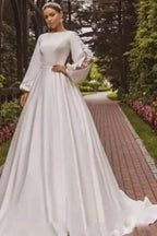Gorgeous A-Line Satin Long Sleeve White Wedding Dress With Appliques by misshow.com
