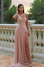 Gorgeous A-Line Satin One Shoulder Sleeveless Pink Prom Dress With Split Front by misshow.com