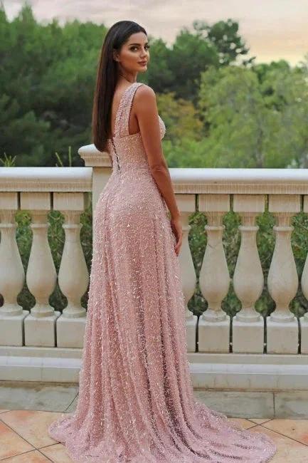 Gorgeous A-Line Satin One Shoulder Sleeveless Pink Prom Dress With Split Front by misshow.com