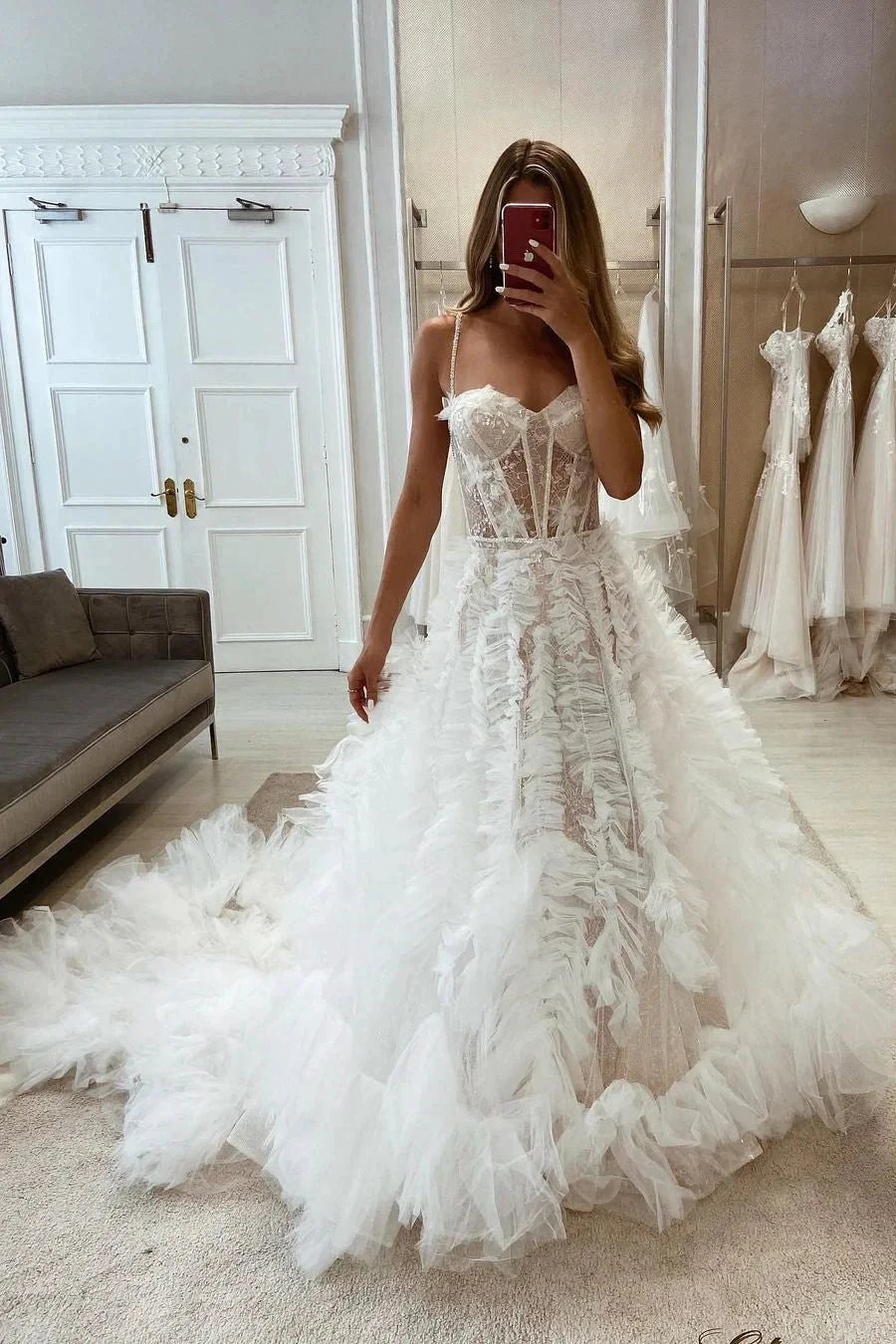 Gorgeous A-line Spaghetti Straps Appliques Wedding Dress With Train by misshow.com