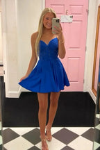 Gorgeous A Line Spaghetti Straps Royal Blue Corset Homecoming Dress with Appliques by KissProm