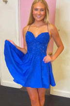 Gorgeous A Line Spaghetti Straps Royal Blue Corset Homecoming Dress with Appliques by KissProm